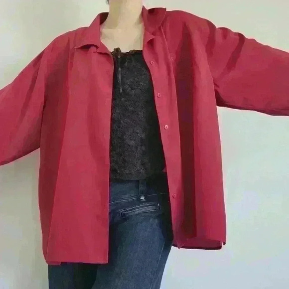 Vintage 90s Liz Moody silky red embroidered puffy long sleeve  button-up shirt - Picture 5 of 14